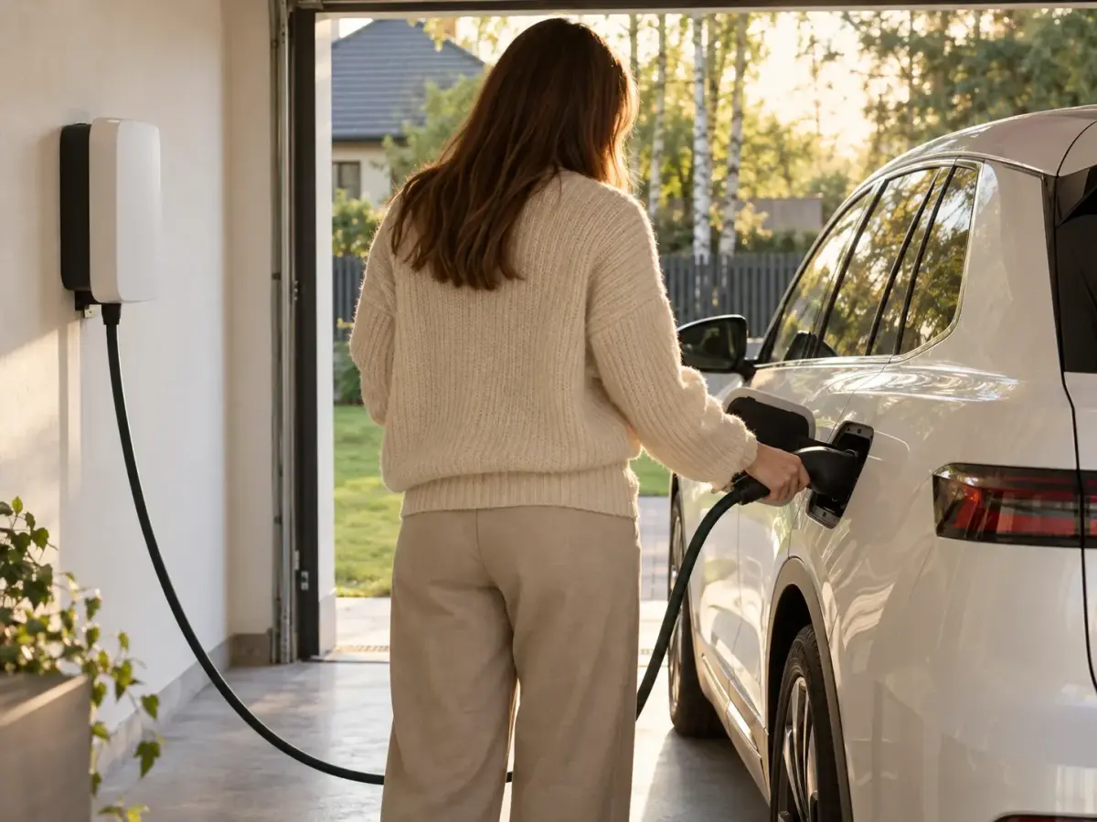 Kobieta podłącza auto elektryczne do ładowarki w garażu